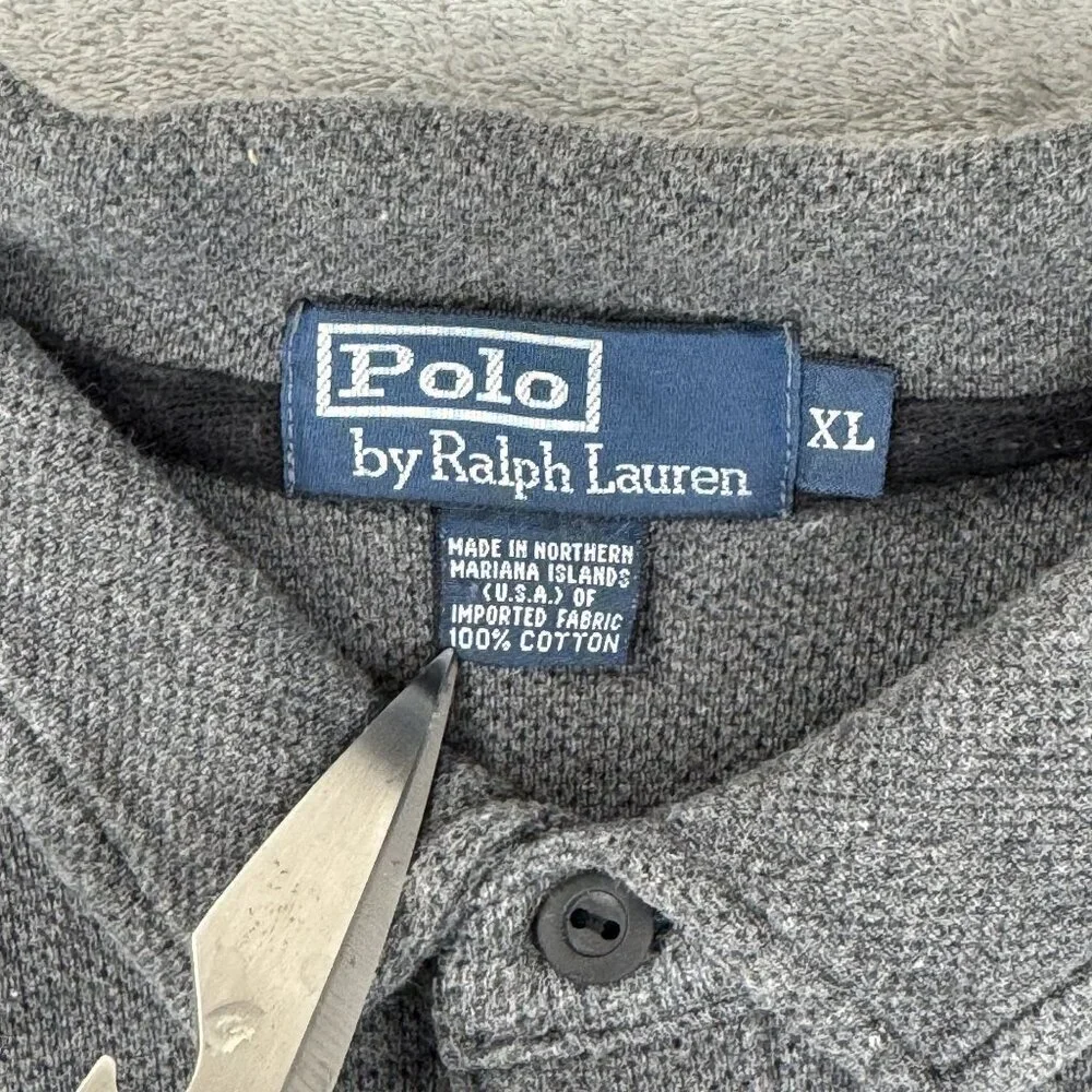 Vintage Polo by RALPH LAUREN Mens Thermal Polo Sweater Gray Long Sleeve Preppy